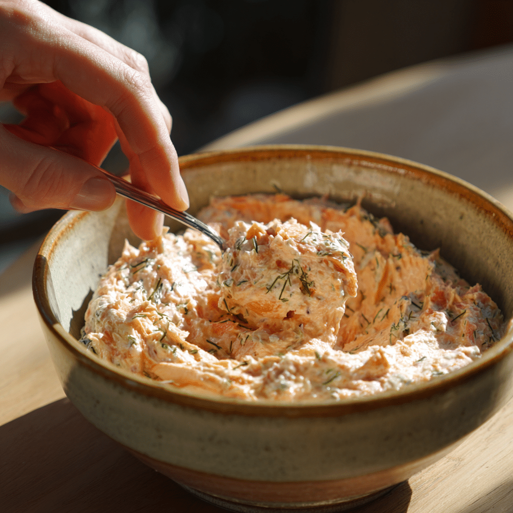Smoked Salmon Dip and Spread — A Creamy, Flavorful Party Favorite 3 mixing creamy smoked salmon dip in bowl