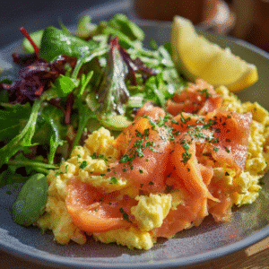 Plated smoked salmon avocado scrambled eggs for brunch