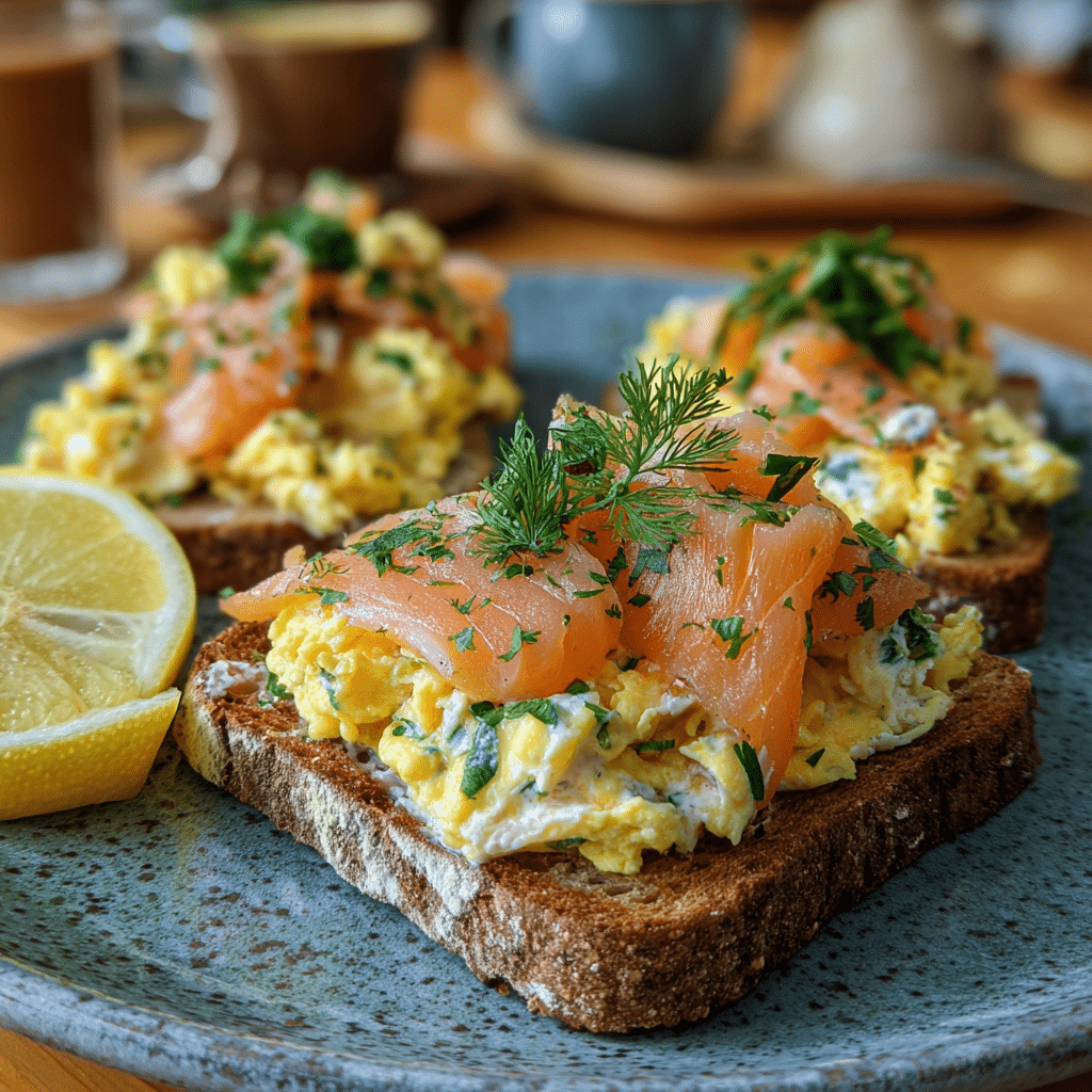 Smoked Salmon Sour Cream Scrambled Eggs – A Creamy, Tangy Breakfast Delight 5 Plated smoked salmon sour cream scrambled eggs on toast
