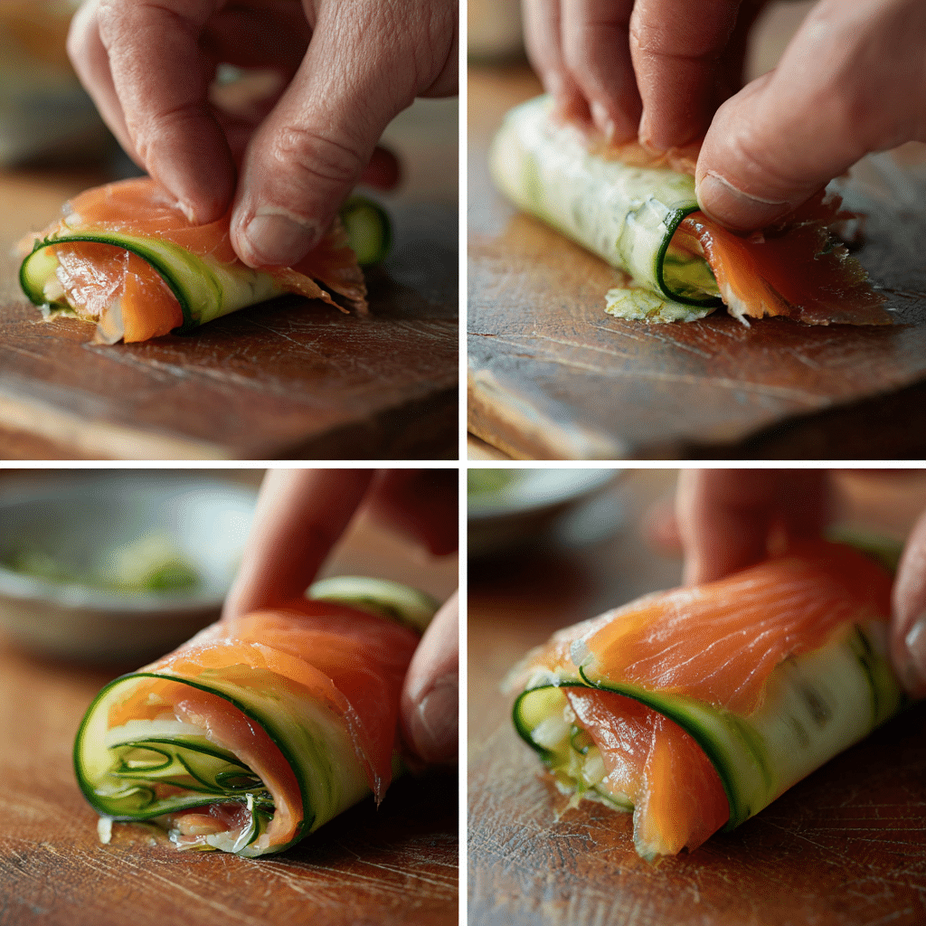 Smoked Salmon Cucumber Wrap: A Refreshing, Low-Calorie Delight 4 Rolling a smoked salmon cucumber wrap with cucumber and cream cheese