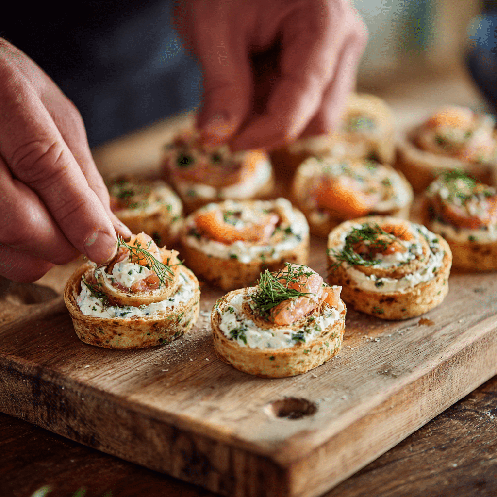 Rolling smoked salmon pinwheel appetizers step-by-step