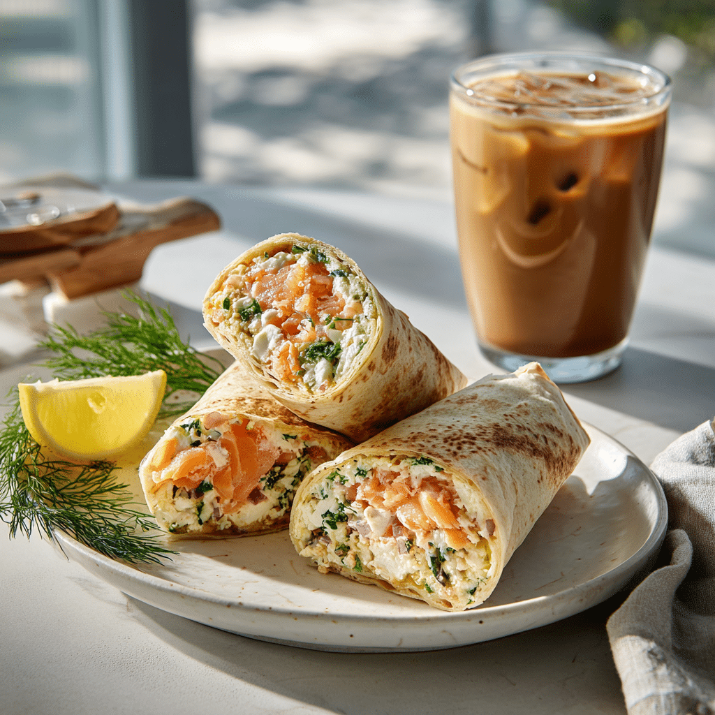 Smoked Salmon and Feta Wrap: A Tangy Mediterranean Breakfast Delight 4 Smoked salmon feta wrap served with lemon and dill