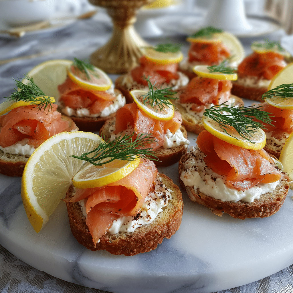 Smoked Salmon Canapés – Easy, Elegant Party Appetizers 5 Smoked salmon canapés served on marble platter with lemon