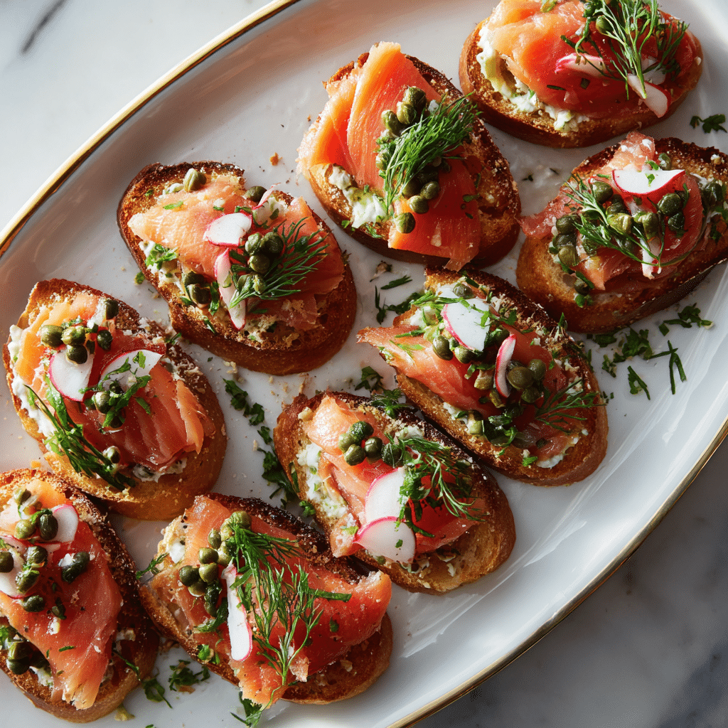 serving smoked salmon caper crostini on platter