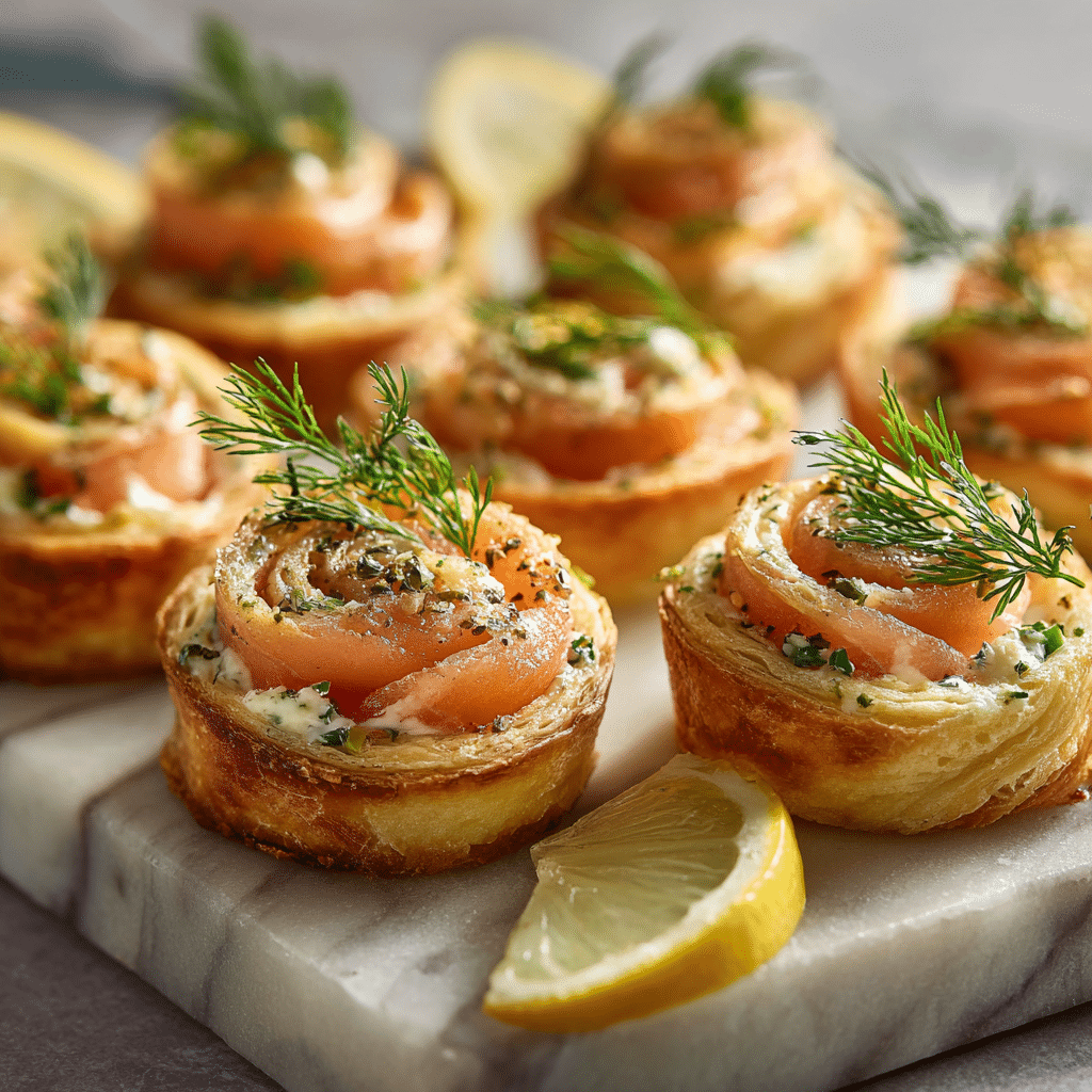 Served smoked salmon pinwheel appetizers with lemon and dill