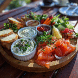 smoked salmon appetizer platter on wooden board with dips and bread