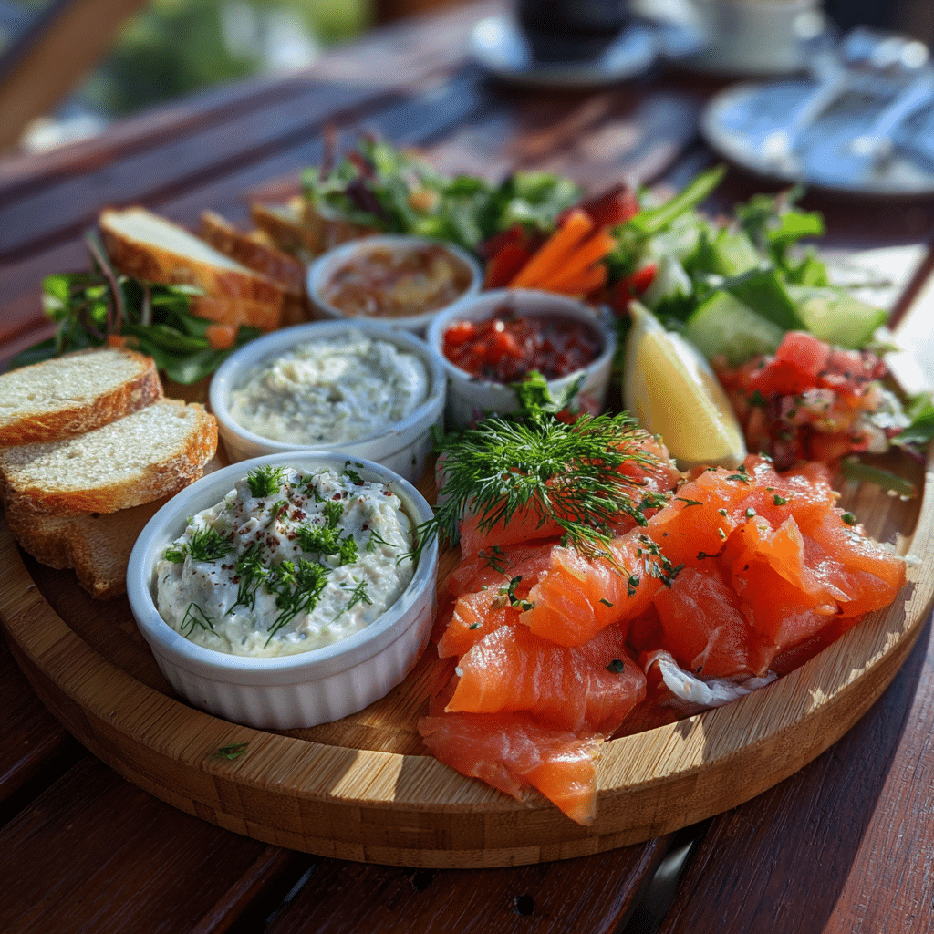 smoked salmon appetizer platter on wooden board with dips and bread
