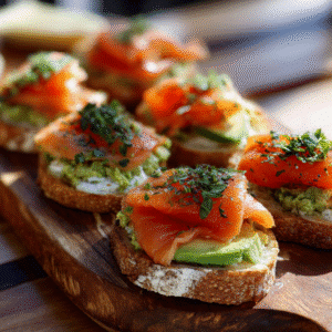 smoked salmon avocado crostini appetizer with creamy avocado spread