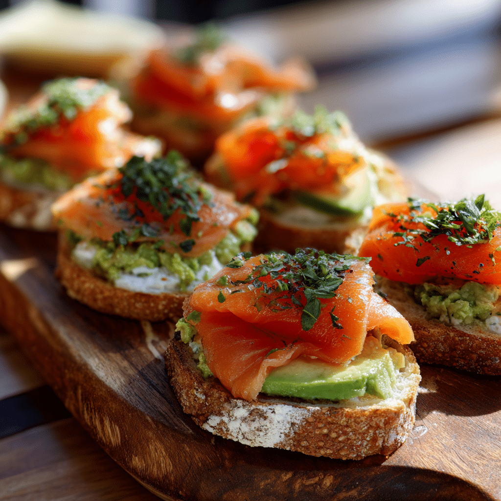 smoked salmon avocado crostini appetizer with creamy avocado spread