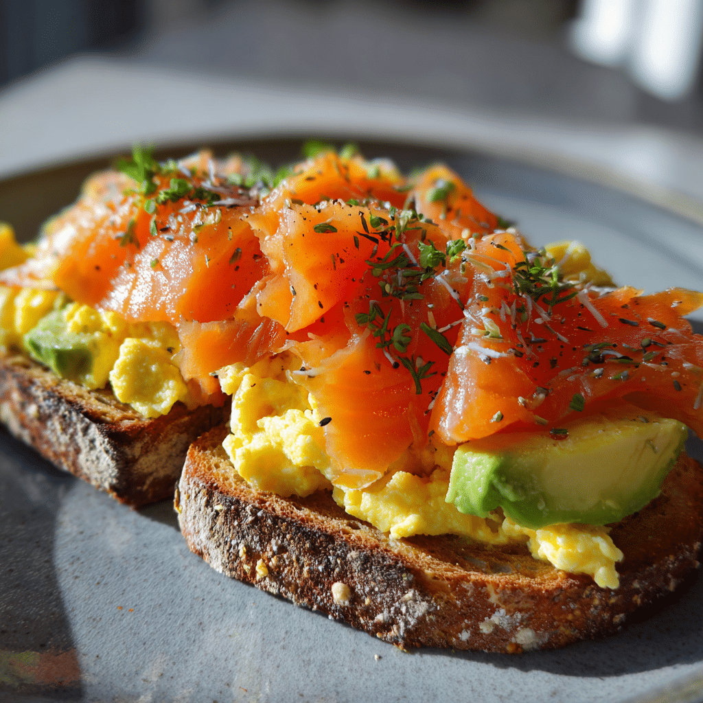 Smoked salmon avocado scrambled eggs on toast