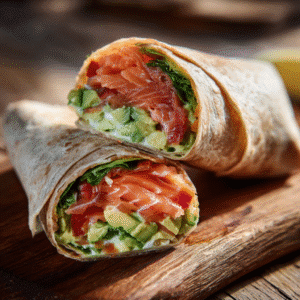 Smoked Salmon Avocado Wrap — A Creamy, Refreshing Start to Your Day 2 smoked salmon avocado wrap on wooden table