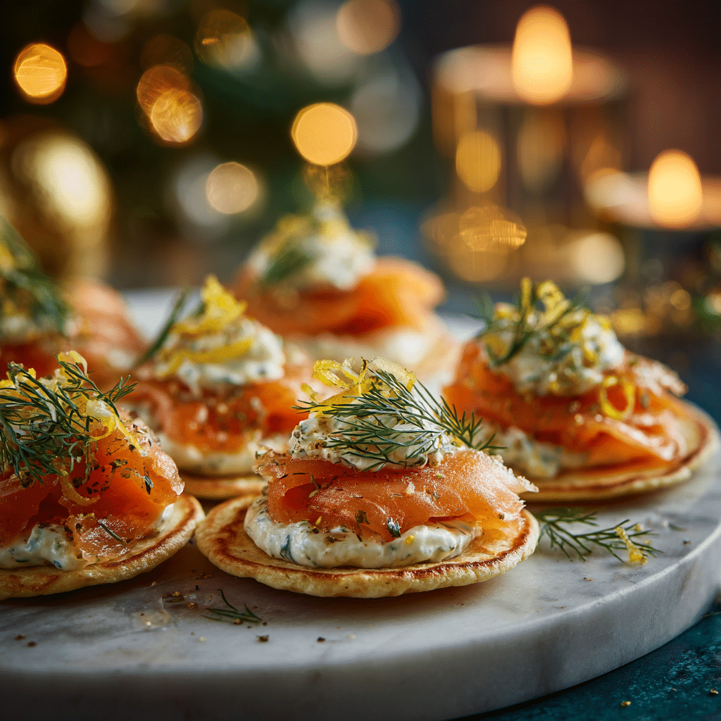 smoked salmon blinis served with crème fraîche and dill