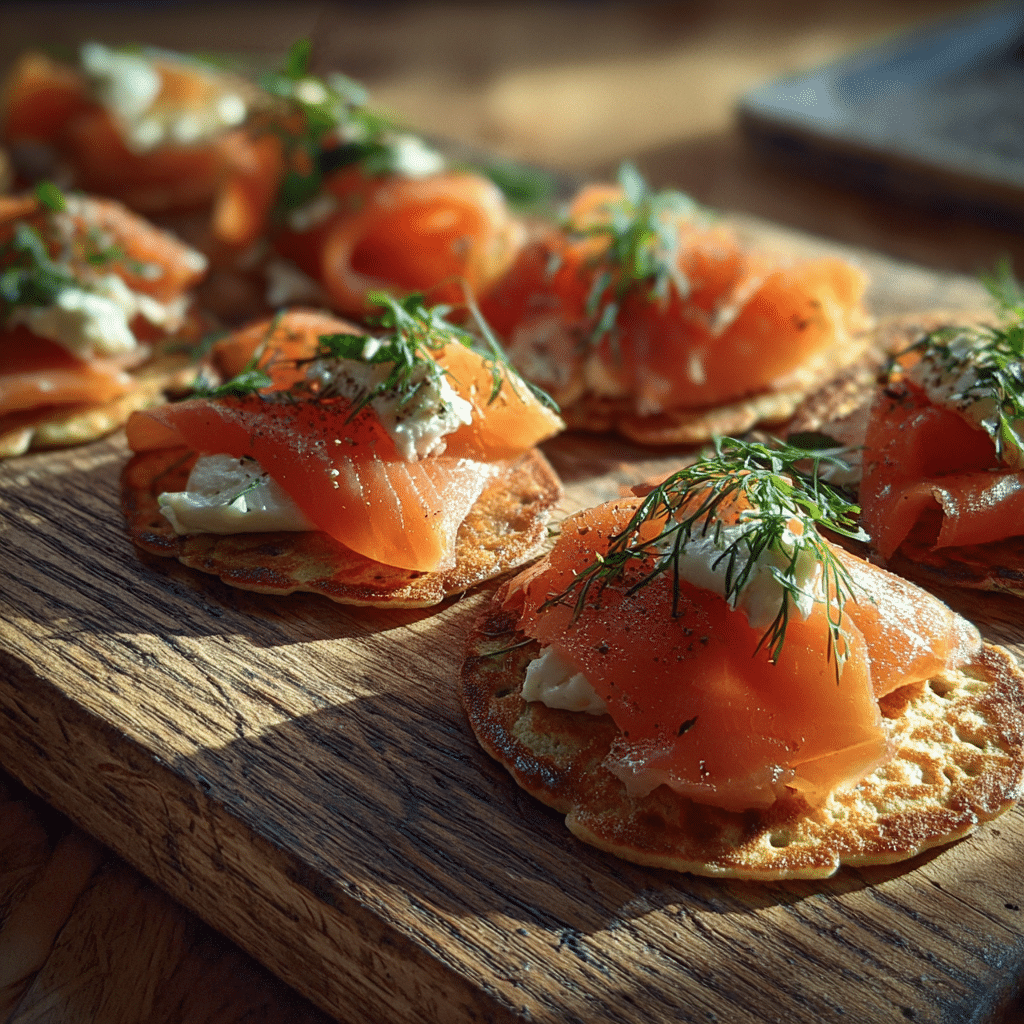 smoked salmon blinis ingredients on wooden board