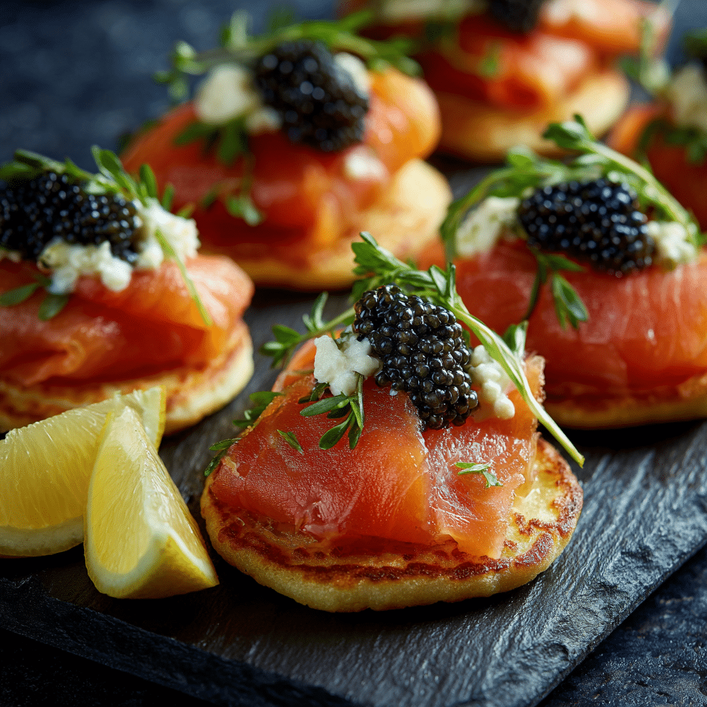 assembling smoked salmon blinis at home