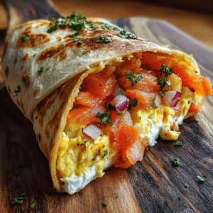 smoked salmon breakfast burrito with eggs and cream cheese wrap