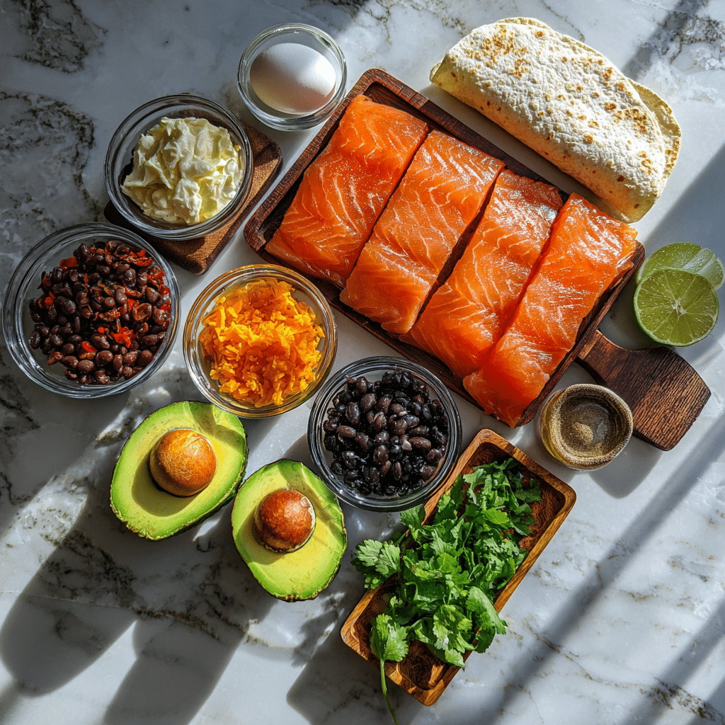 ingredients for smoked salmon breakfast burrito with salmon, eggs, and cream cheese