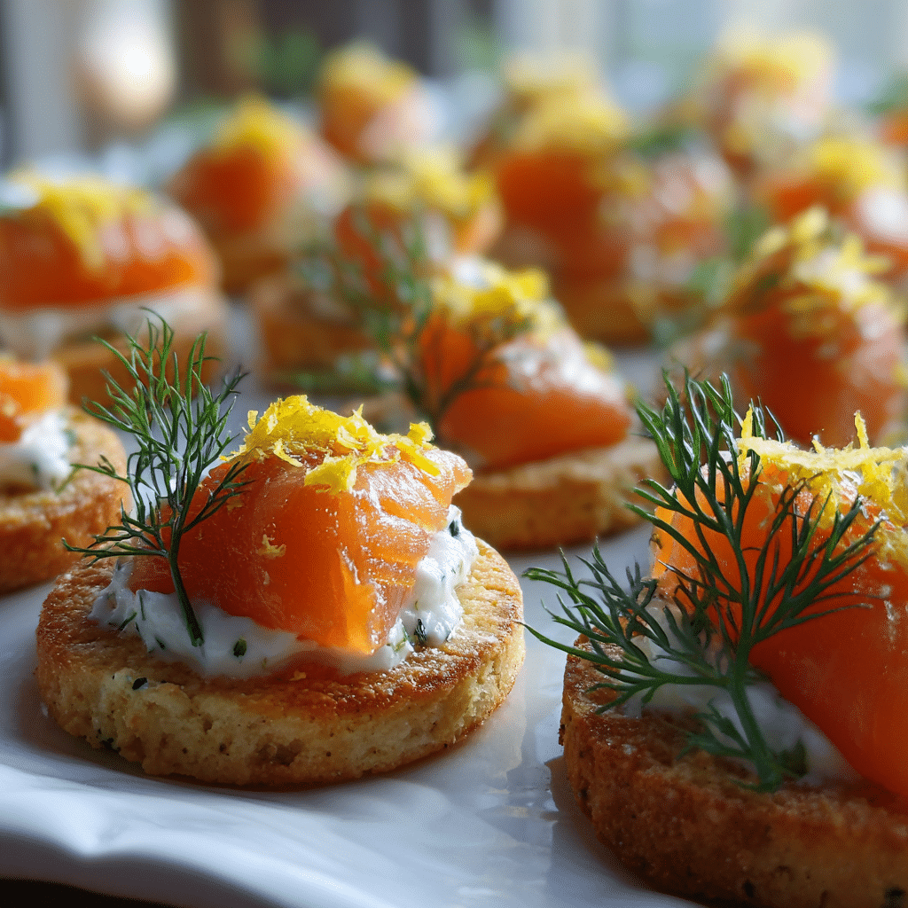 Smoked salmon canapés with dill and cream cheese on platter
