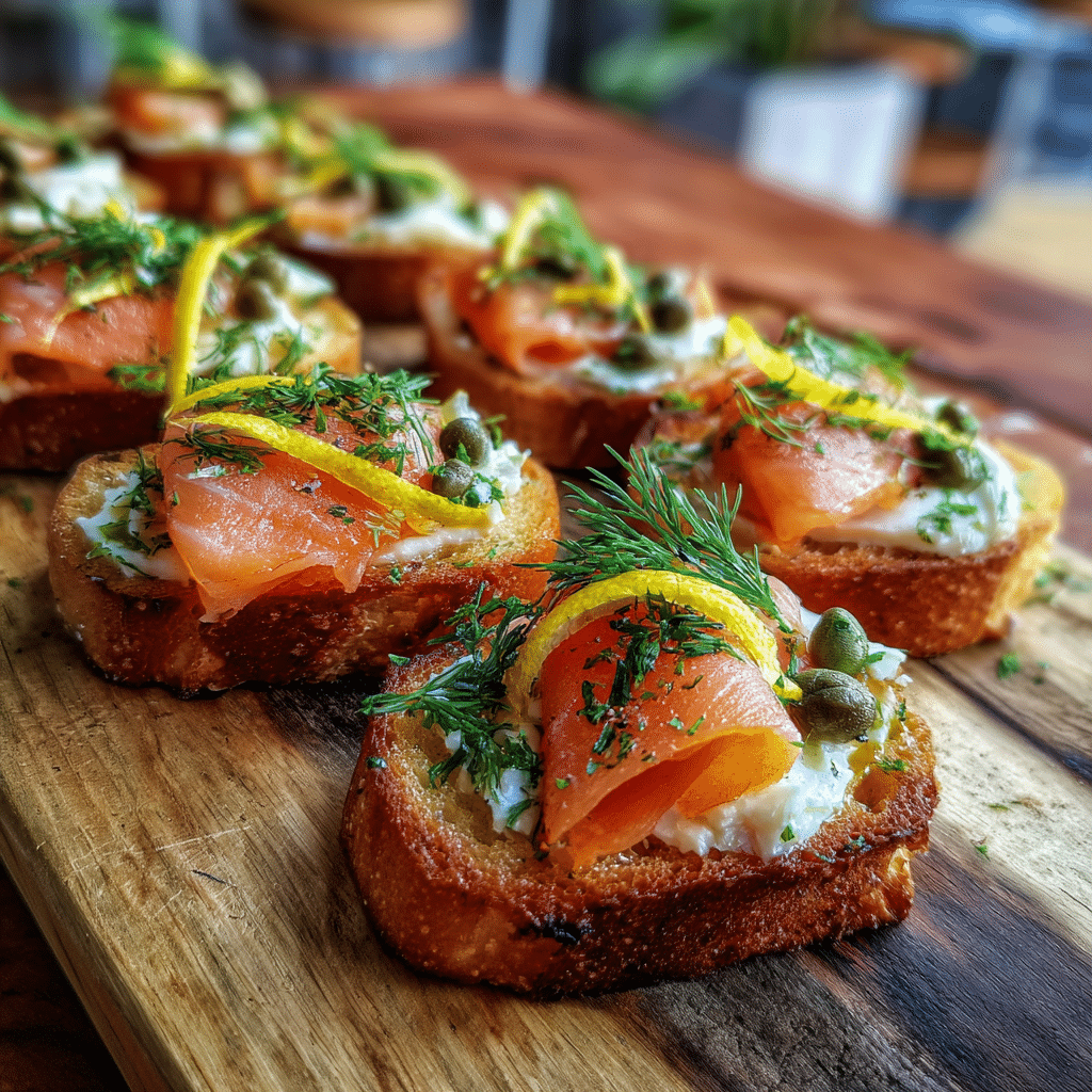 smoked salmon caper crostini appetizer on wooden board
