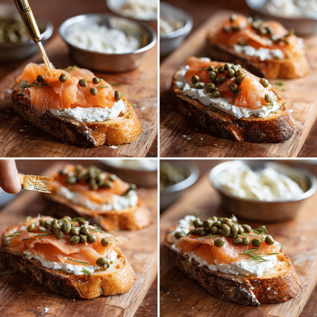 assembling smoked salmon caper crostini