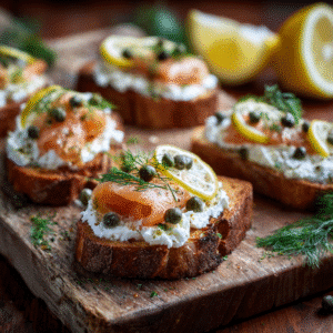 smoked salmon cream cheese crostini served on wooden board