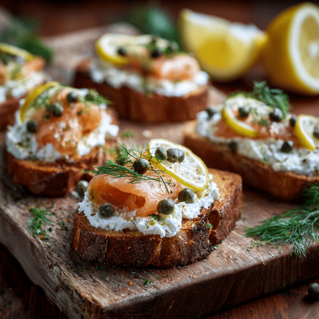 smoked salmon cream cheese crostini served on wooden board