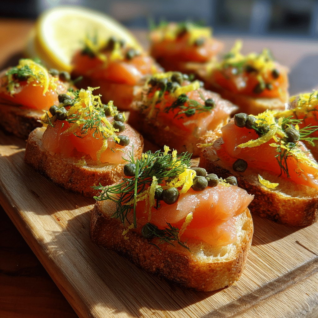 Smoked salmon dill crostini topped with lemon zest and capers.