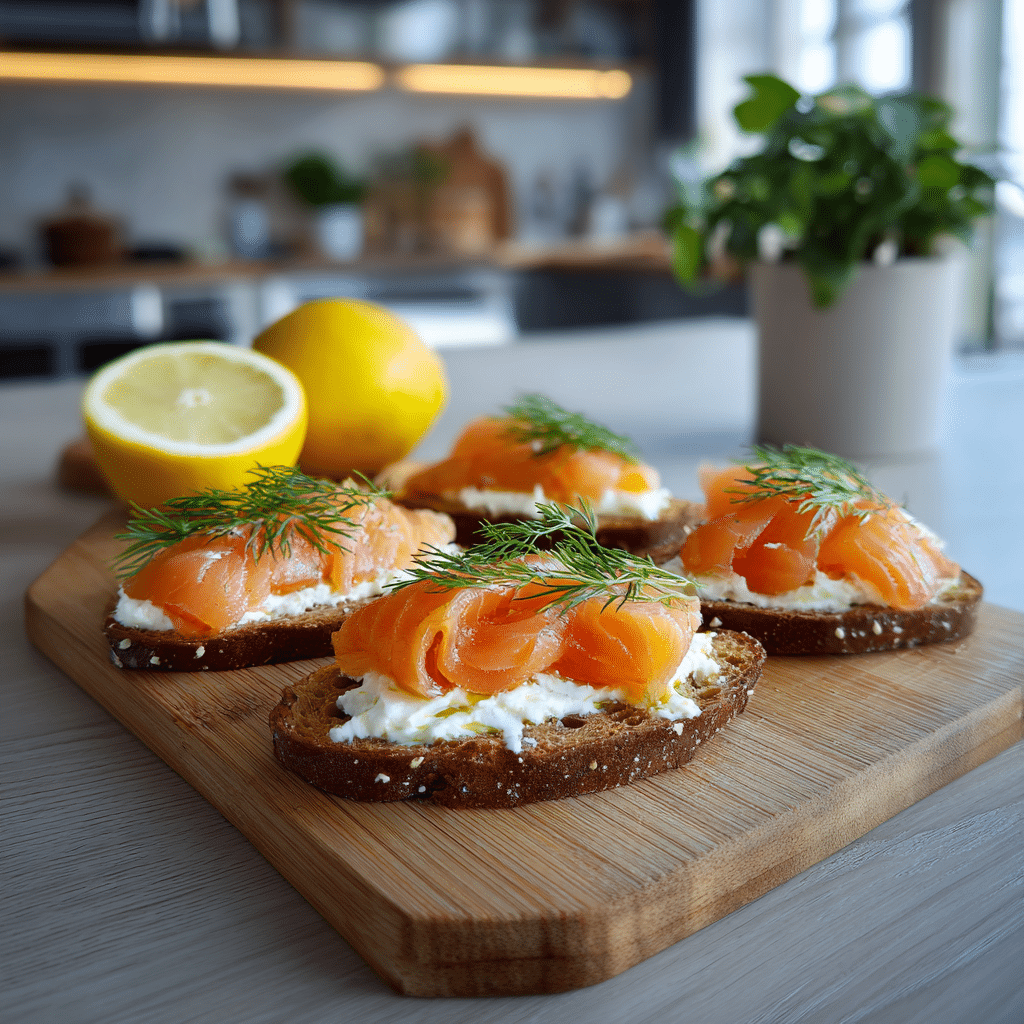 toasted baguette slices for easy smoked salmon crostini on baking tray