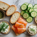 smoked salmon cucumber crostini ingredients flat lay