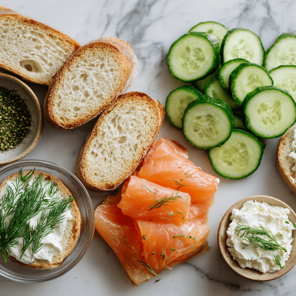 Smoked Salmon Cucumber Crostini: A Light and Elegant Appetizer 2 smoked salmon cucumber crostini ingredients flat lay