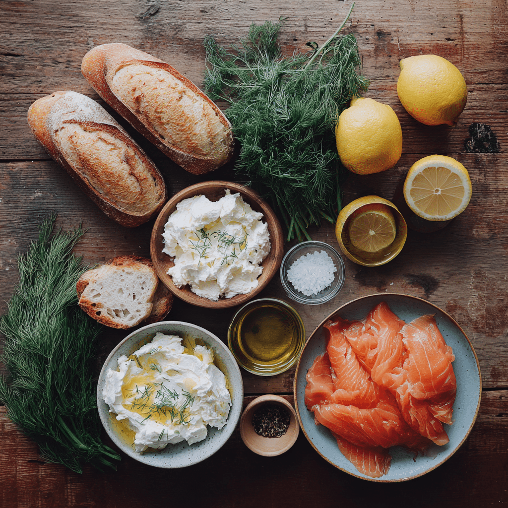Smoked Salmon Crostini Appetizers – A Savory Bite for Every Occasion 3 smoked salmon crostini ingredients flat lay