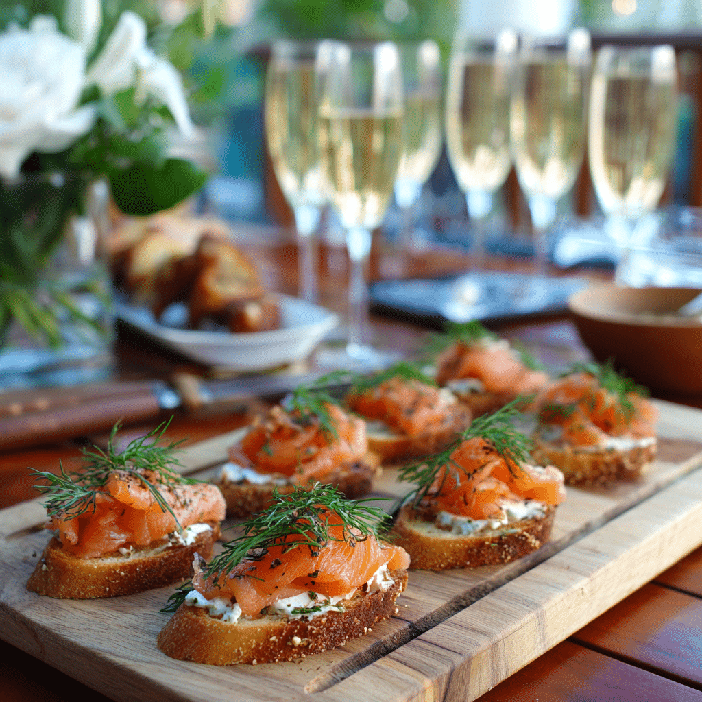 Smoked salmon dill crostini served at a festive party.
