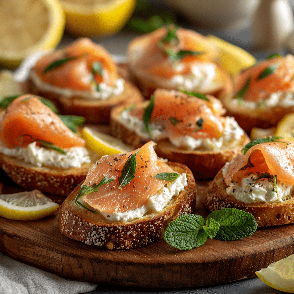 presented smoked salmon cream cheese crostini platter