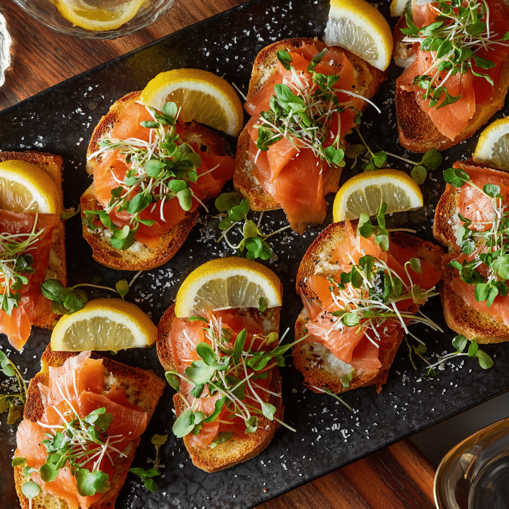 Smoked Salmon Crostini Appetizers – A Savory Bite for Every Occasion 5 smoked salmon crostini platter served for party