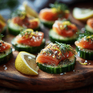 smoked salmon cucumber bites on wooden board with dill