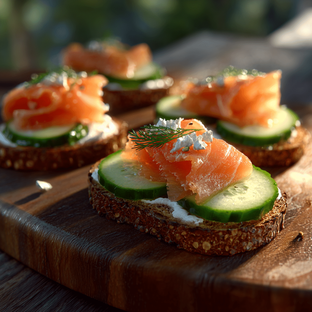 smoked salmon cucumber crostini on rustic wooden board