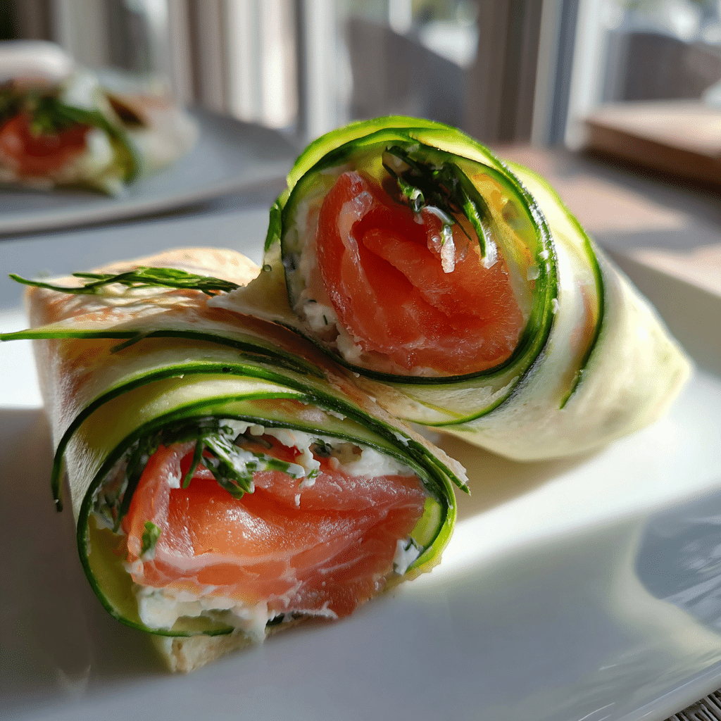 Smoked salmon cucumber wrap on a plate with cream cheese and cucumber ribbons