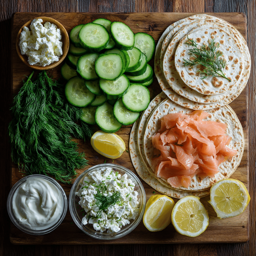 Smoked Salmon Cucumber Wrap: A Refreshing, Low-Calorie Delight 3 Ingredients for smoked salmon cucumber wrap arranged on a wooden board