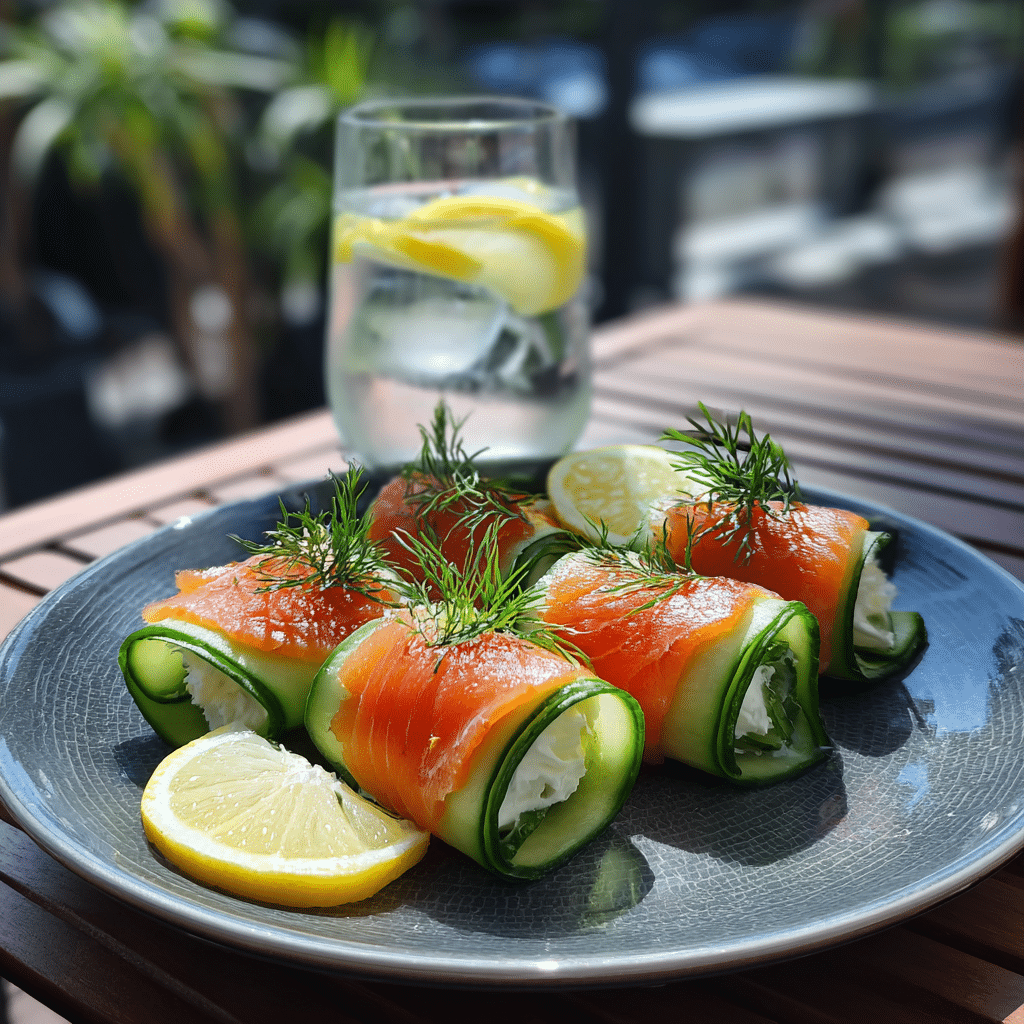 Smoked Salmon Cucumber Wrap: A Refreshing, Low-Calorie Delight 5 Smoked salmon cucumber wraps served with lemon and dill