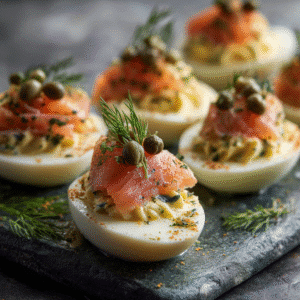 Smoked Salmon Deviled Eggs: A Gourmet Twist on a Classic Favorite 5 smoked salmon deviled eggs served with dill and capers