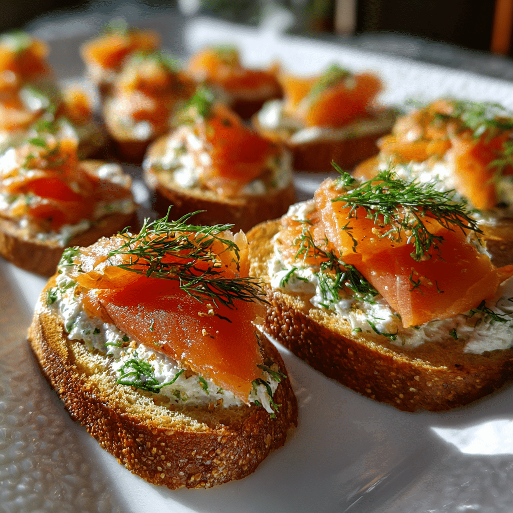 Smoked salmon dill crostini served with fresh dill on herbed crostini.