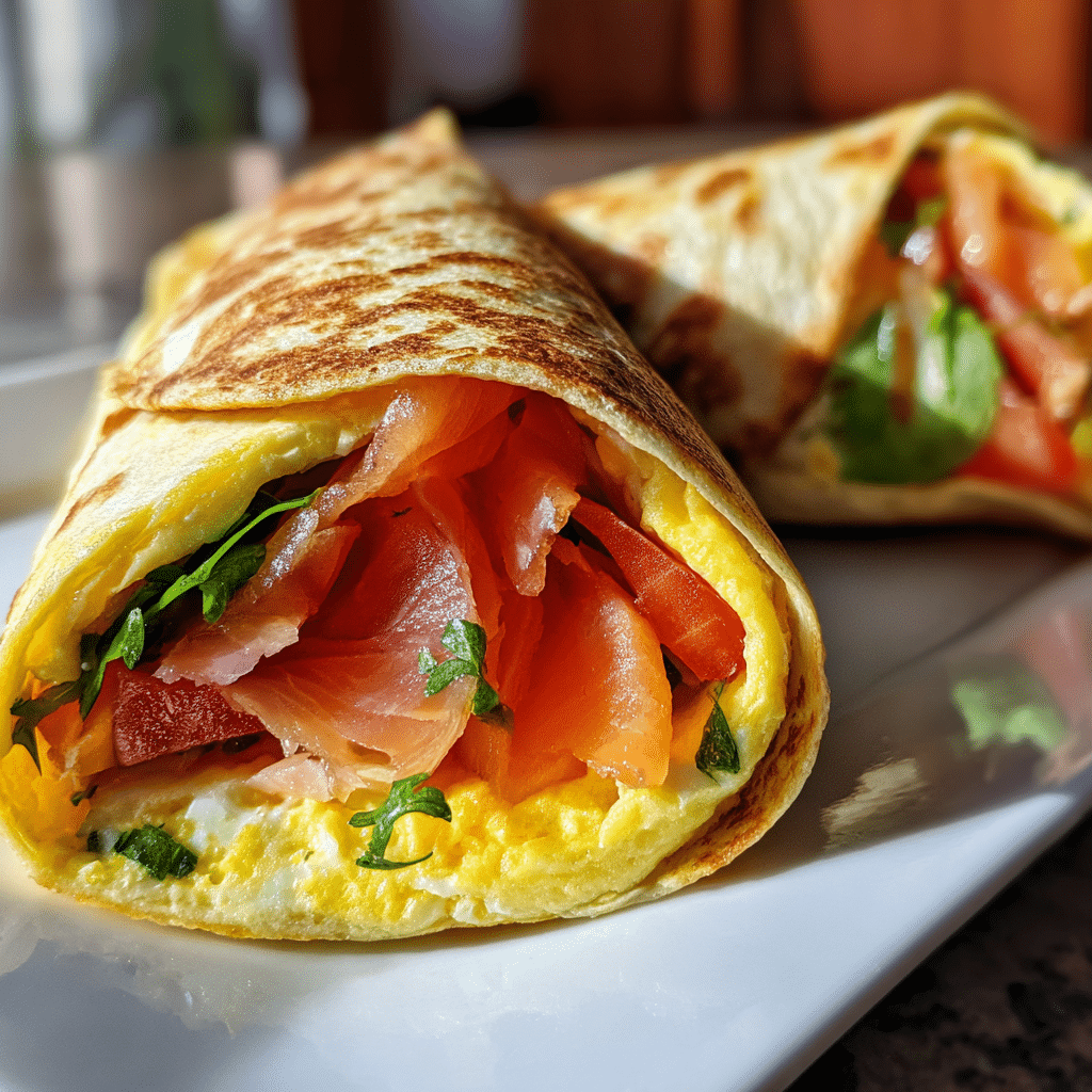 smoked salmon egg wrap on plate for breakfast