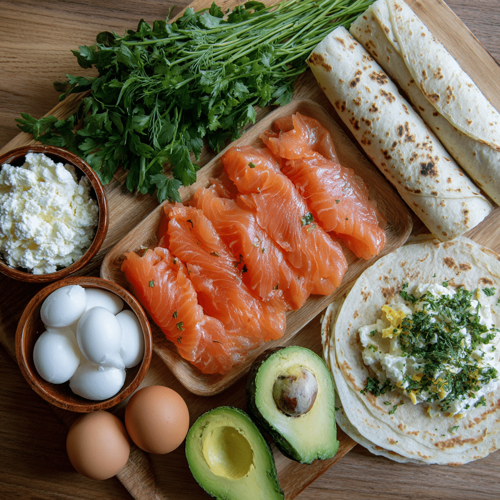 Smoked Salmon Egg Wrap — A Protein-Packed Breakfast You’ll Love 3 smoked salmon egg wrap ingredients on kitchen table
