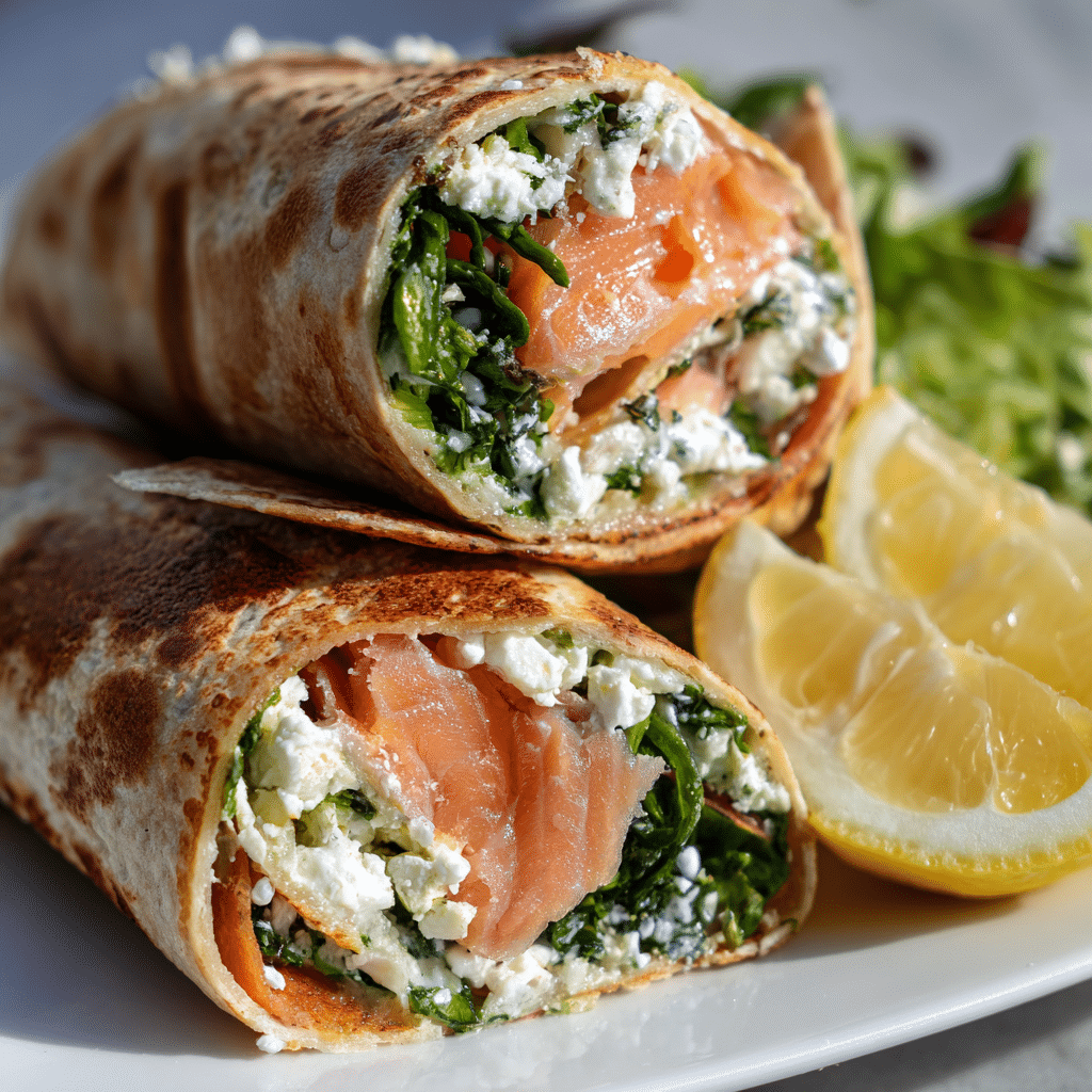 Smoked salmon feta wrap with creamy feta and fresh greens