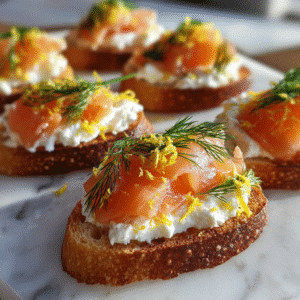 smoked salmon goat cheese crostini with dill and lemon