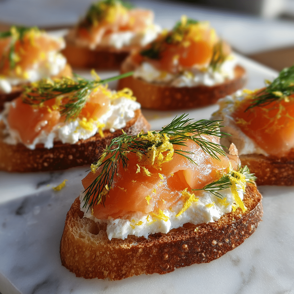smoked salmon goat cheese crostini with dill and lemon