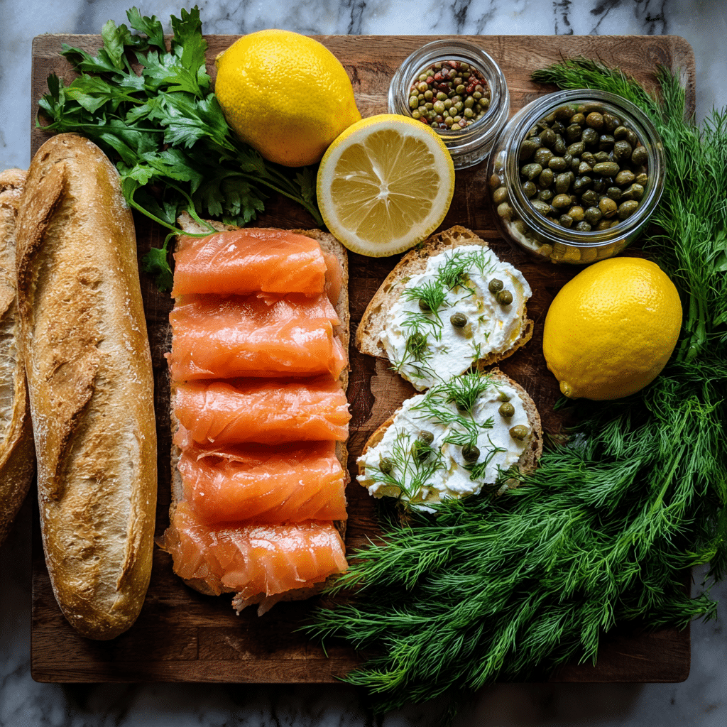 ingredients for smoked salmon goat cheese crostini on board