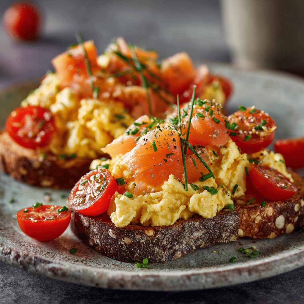 smoked salmon scrambled eggs on toast on a grey plate with cherry tomatoes