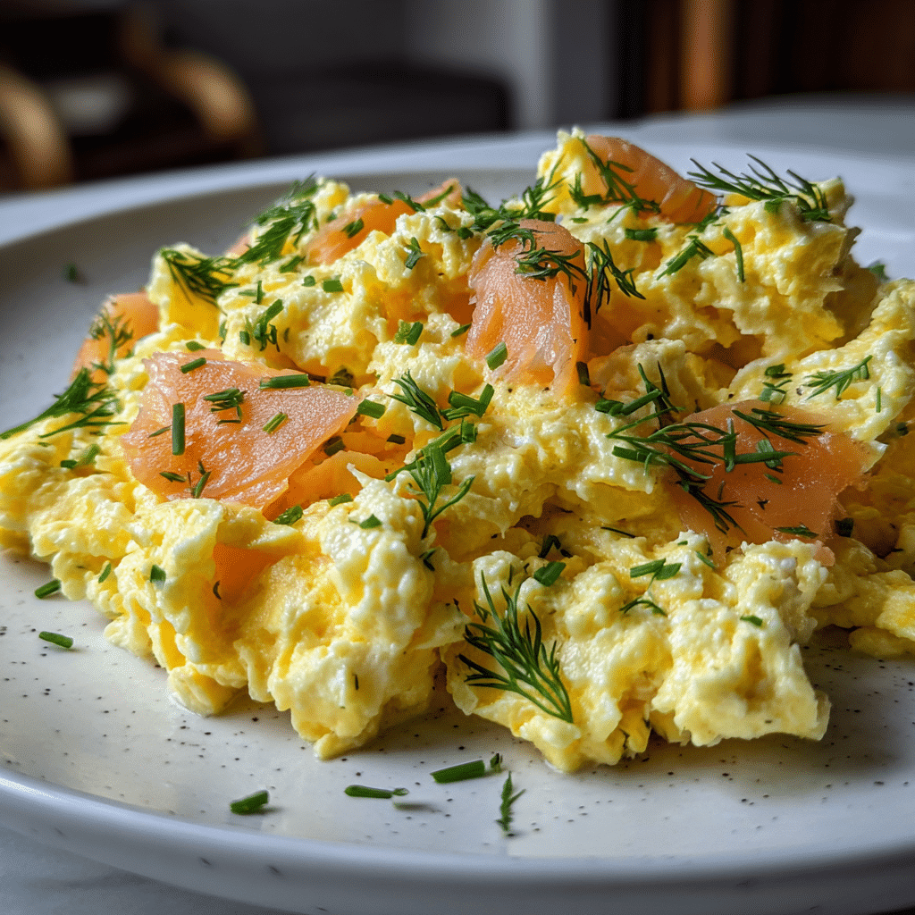 Smoked Salmon Sour Cream Scrambled Eggs – A Creamy, Tangy Breakfast Delight 2 Smoked salmon sour cream scrambled eggs breakfast plate