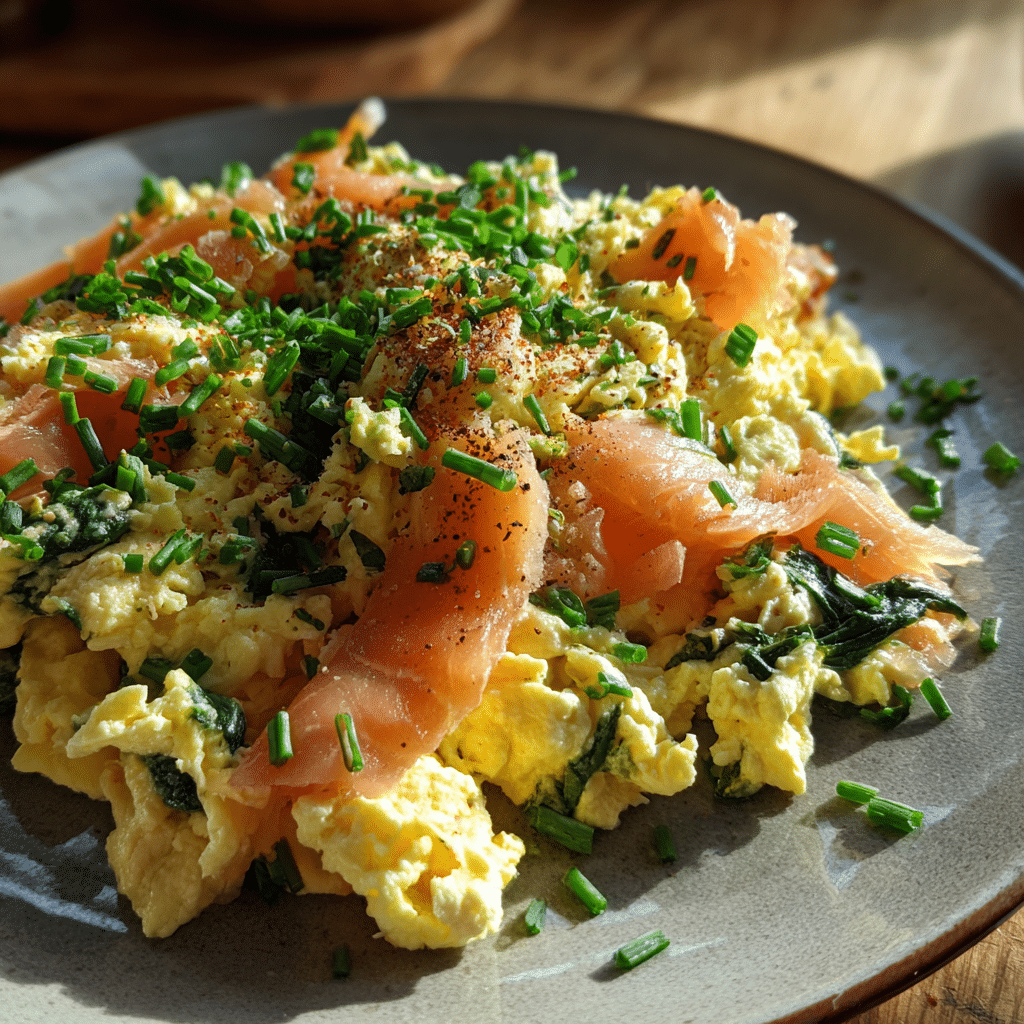 smoked salmon spinach scrambled eggs breakfast plate