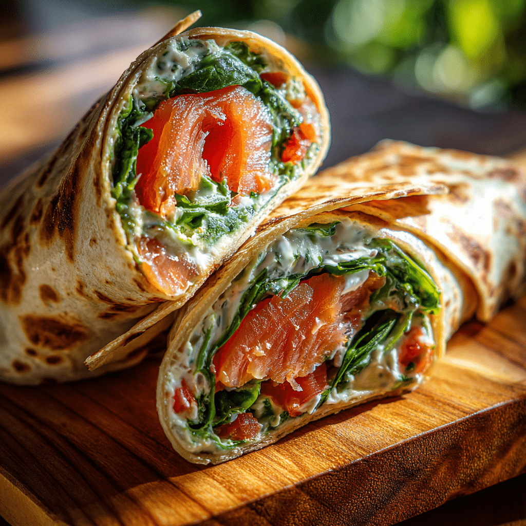 smoked salmon spinach wrap breakfast on table